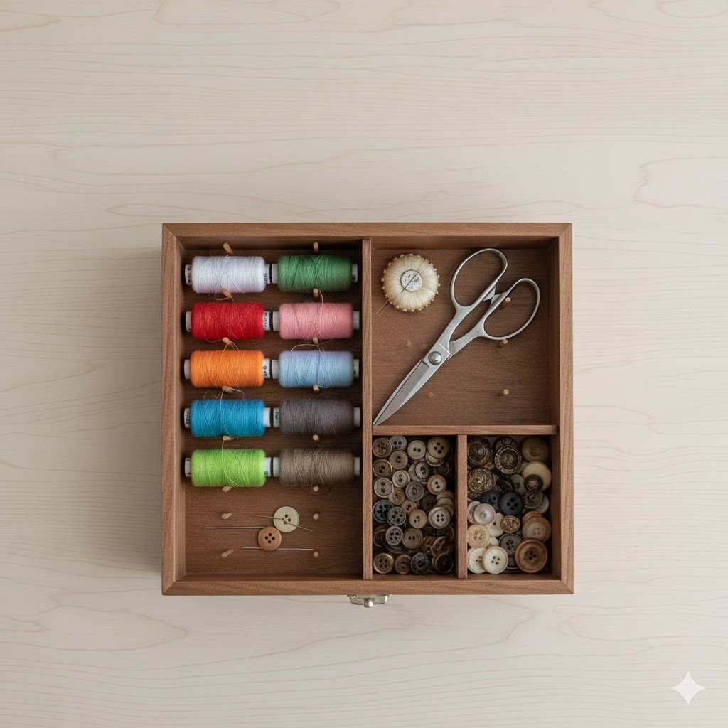 Βάλε τα μικροπράγματα σε τάξη! Μια καλή συλλογή από σετ κλωστές και βελόνες και τα αγαπημένα σου διακοσμητικά κουμπιά φαίνονται πολύ πιο ωραία και τα βρίσκεις πιο εύκολα σε ένα κουτί αποθήκευσης.