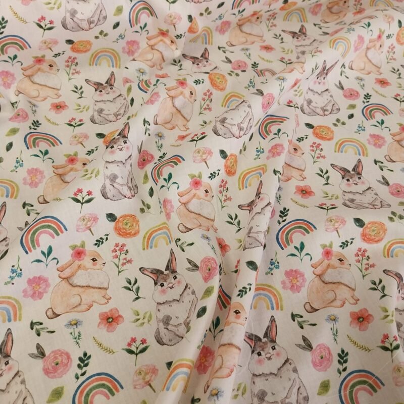 Ποπλίνα - 100% Βαμβάκι - Λαγοί & Ουράνια Τόξα