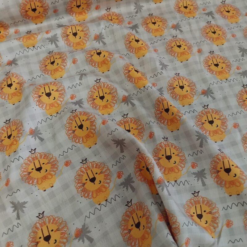 Ποπλίνα - 100% Βαμβάκι- Χαριτωμένα Λιοντάρια - Γκρι Καρό Βάση