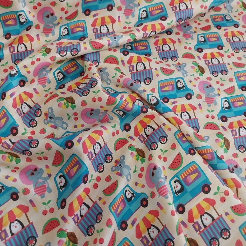 Ποπλίνα - 100% Βαμβάκι - Ζωάκια σε Φορτηγάκι Παγωτού