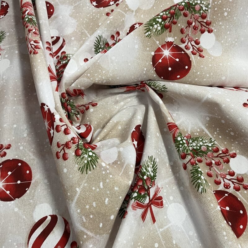 Λεπτό καραβόπανο – Λαμπερά Κόκκινα Στολίδια - Μπεζ βάση