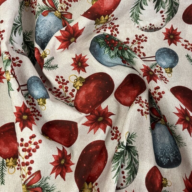 Λεπτό καραβόπανο – Χριστουγεννιάτικες Κόκκινες & Μπλε Μπάλες με Λουλούδια -Μπεζ βάση