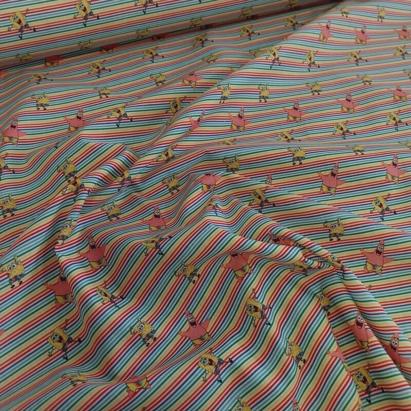 Ποπλίνα - 100% Βαμβάκι - Μπομπ Σφουγγαράκης & Πάτρικ - Ρίγες Ουράνιο Τόξο