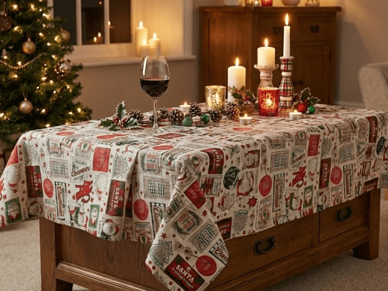 Το Λεπτό Καραβόπανο είναι το ιδανικό ύφασμα για τραπεζομάντιλο. Η ανθεκτική του ύφανση αντέχει τη βαριά χρήση του εορταστικού τραπεζιού, ενώ το σχέδιο με τις ρουστίκ χριστουγεννιάτικες ταμπέλες δίνει έναν ζεστό, vintage αέρα.